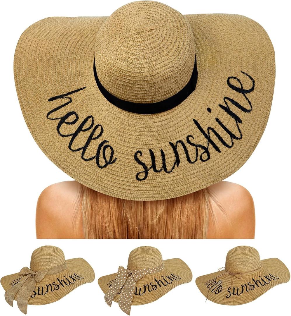 Senker Fashion Beach Hats for Women, Floppy Straw Sun Hat Embroidered Wide Brim for Summer Honeymoon Vacation Cruise (Large, Khaki)