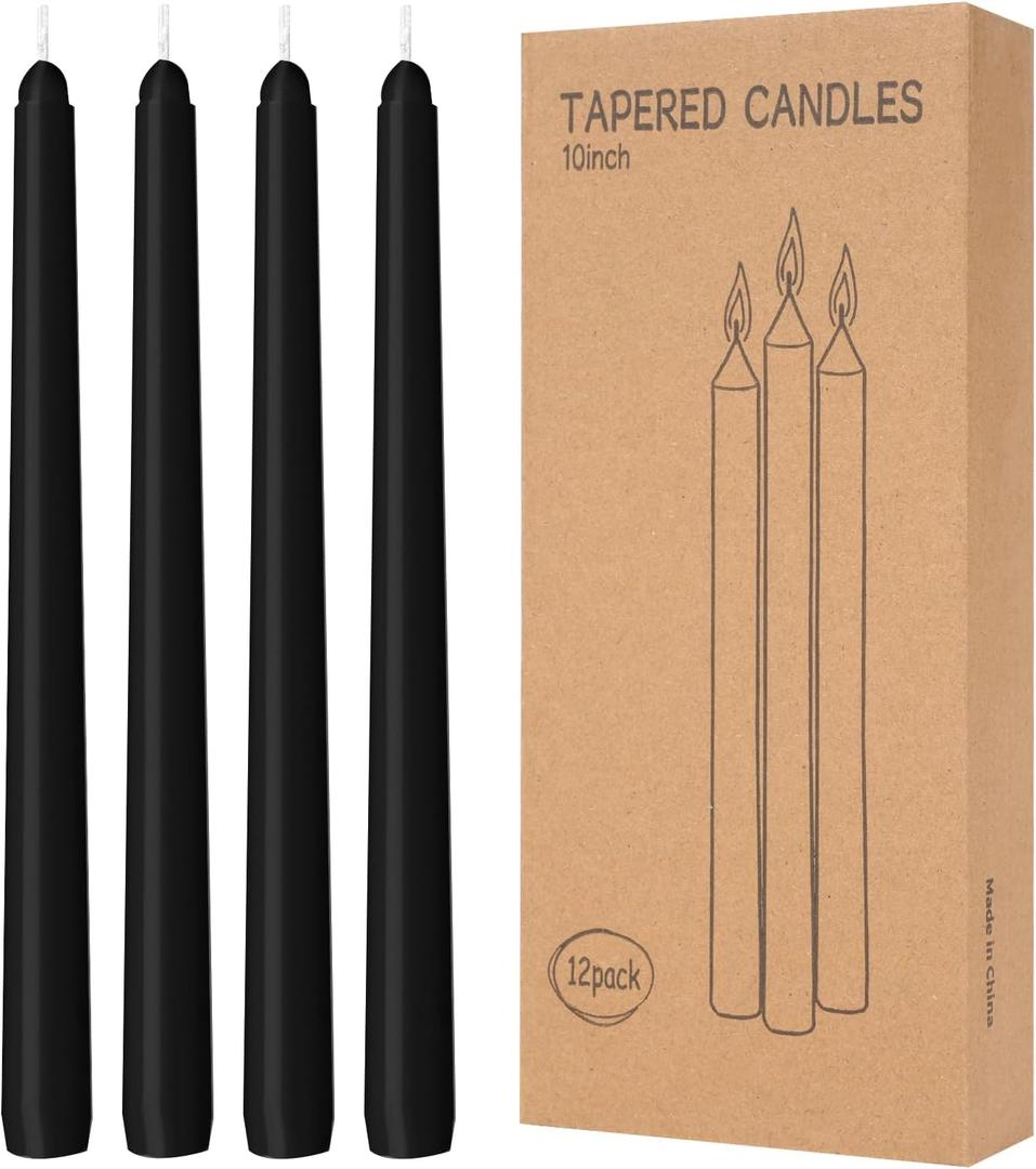 12 Pack Black Taper Candles 10 inch - Taper Candles Dripless, Smokeless, Unscented - 8 Hours Long Burning - Hand Poured Tall Candlesticks - Perfect for Home Decor, Weddings, and Special Occasions