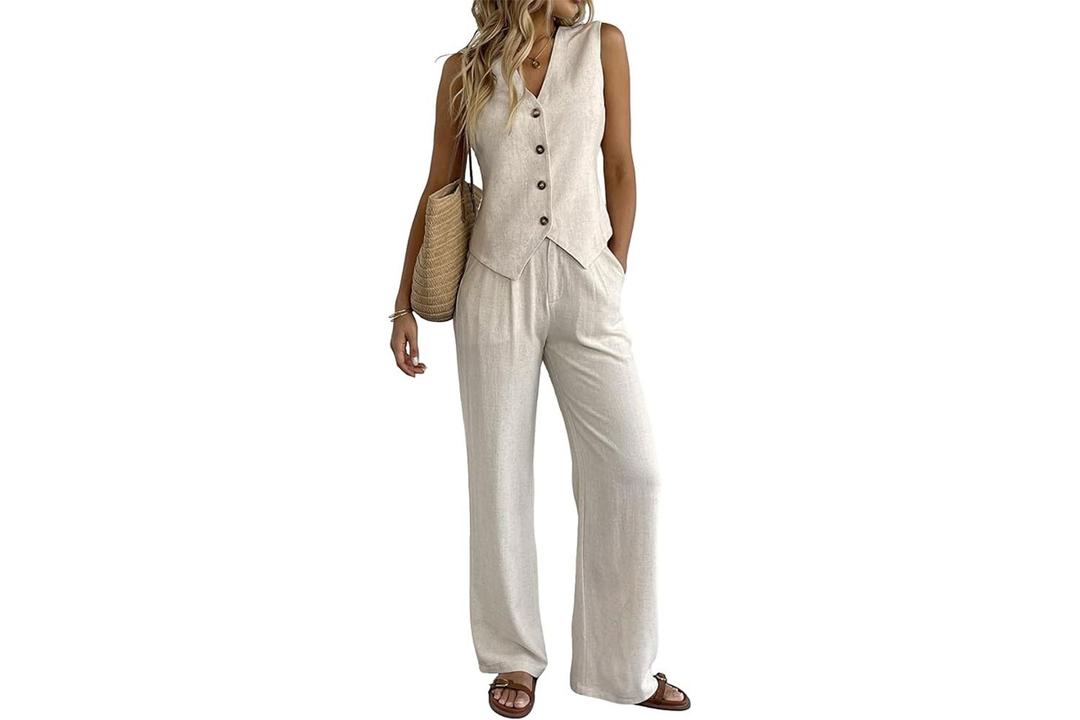 heipeiwa Women's Cotton Linen Vest Button Down Sleeveless V Neck Tank Tops Waistcoat Jacket With Linen Pants, Size: Medium