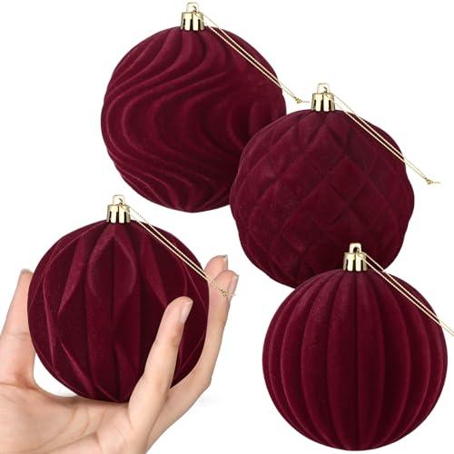 Blueweenly 4 Pcs 4 Inch Burgundy Large Velvet Christmas Ball Ornaments Vintage Christmas Plastic Ball Ornaments Flocked Tree Hanging Decoration for Xmas Party Wedding Home Decor