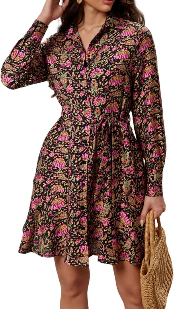 Ystguic Women's Collar Business Button Up Shirt Dress with Tie Waist Belt for Ladies Casual Work Office Elegant Plain Dresses Large YG012 Black Floral Large