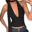 Womens Sexy Scarf Halter Tops Going Out Deep V Neck Sleeveless Backless Crop Top Slim Fit Y2k Summer Clubwear Party Top (Black, XS)