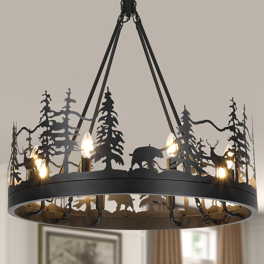 Rustic Chandeliers for Dining Room, Black Wagon Wheel Chandelier, Rustic Pendant Lights with Bear and Deer Design, 30''W Farmhouse Chandeliers for Living Room, Bedroom, Hallway, Entryway