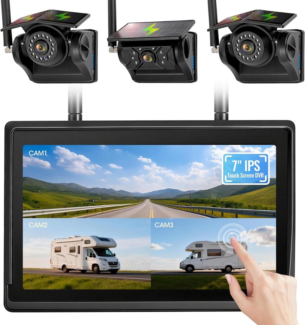 3 Solar Magnetic Wireless Camera System, 7" IPS Touchscreen with DVR, 3x9600mAh Rechargeable Side View & Rear View Cameras, IP69K Waterproof & IR Night Vision for Trailer Truck Camper, AH7-3