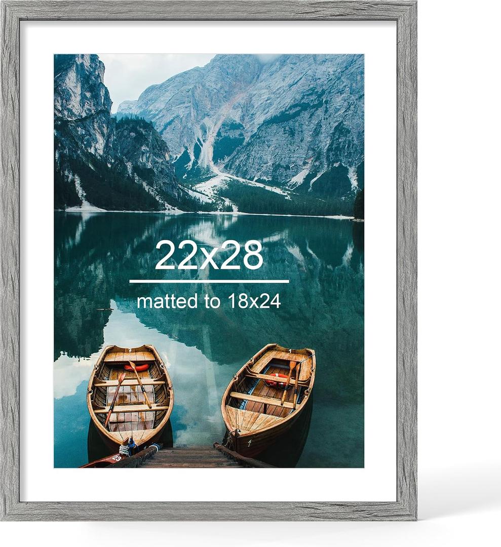 Hongkee 22x28 Frame, Rustic Grey Wood Style - Display Posters 18 x 24 with Mat or 22x28 without Mat, Wall Mounting Horizontal and Vertical, 1 Pack