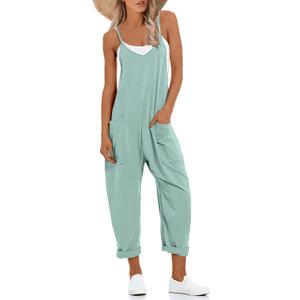 Lentta Women's Causal Jumpsuits V Neck Sleeveless Harem Overalls Stretchy Adjustable Strap Romper with Pockets (Teal)