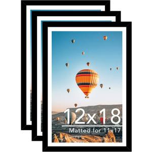 JCJMY 12x18 Picture Frame Set of 3 with 11x17 Mat, Display Photo 11x17 with Mat or 12 x 18 Without Mat, Wall Hanging Large 12 by 18 Poster Frame with Plexiglass, 3 Pack, Black