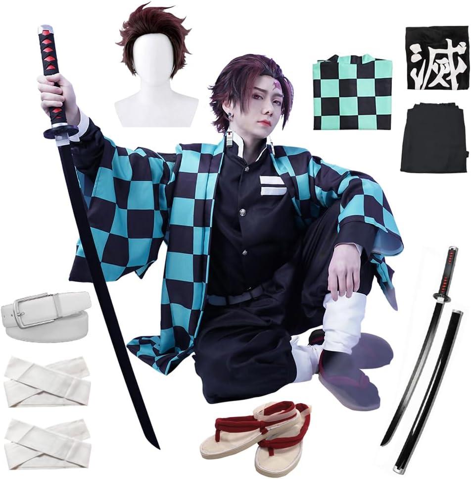 Full Set Men Anime Cosplay Costume For Tanjiro Party Role Costume Kimono Outfit Including Shoes Wig Sword (Large)