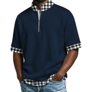 Men's Polo Shirts Casual Holiday Standing Collar Short Sleeve Basic Modern Plaid Color Block Buttons Summer Spring (Navy, Large) 