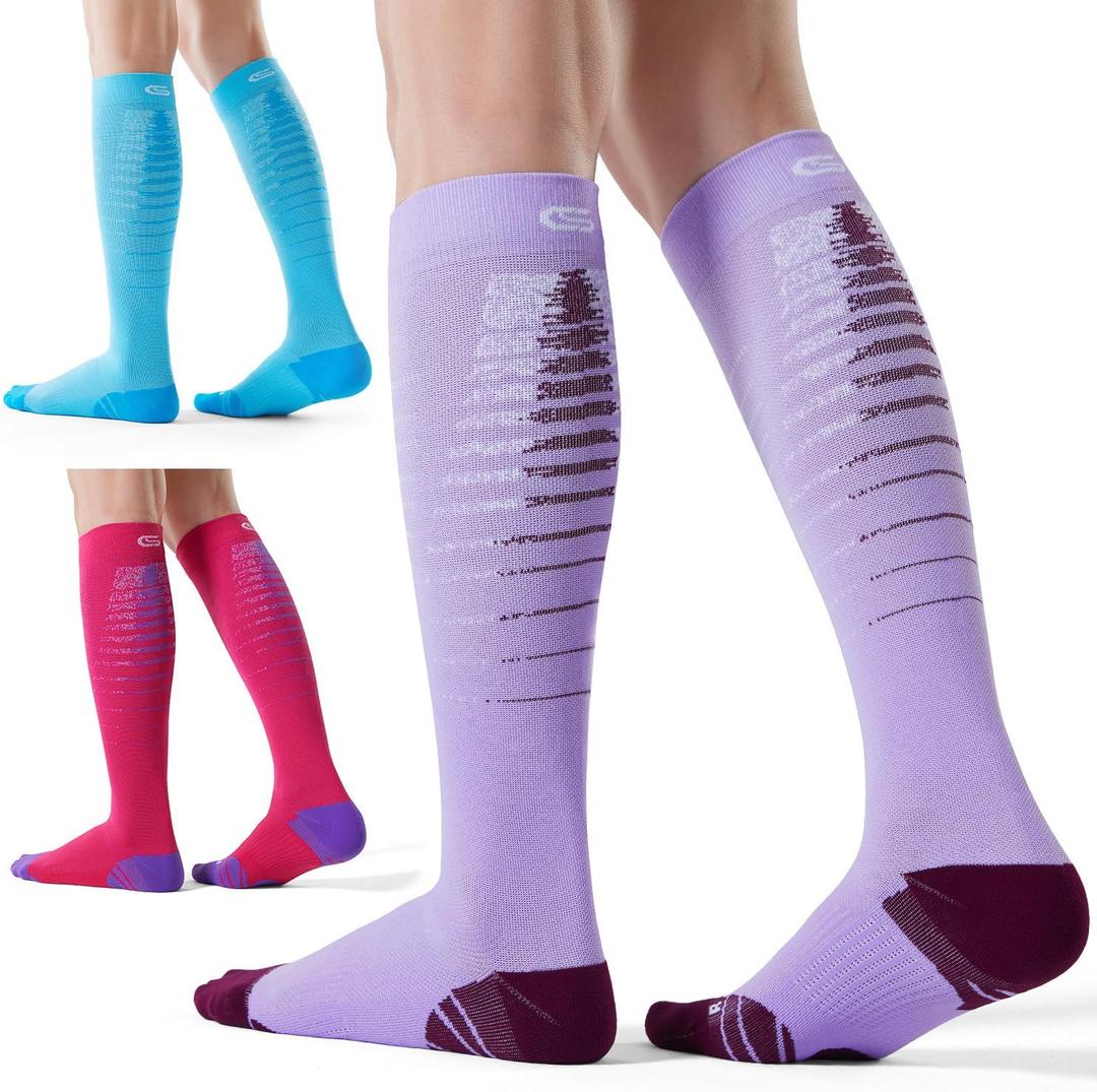 CelerSport 3 Pairs Compression Socks for Men and Women 20-30 mmHg Running Support Socks (Large-X-Large, Purple+rose Red+blue)