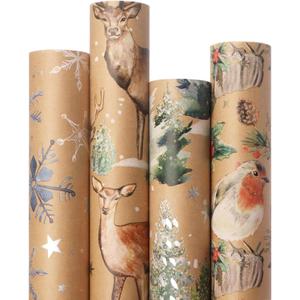 Ribbli 4 Rolls Christmas Wrapping Paper Vintage Kraft Wrapping Paper, 30 x 120 inch(10ft) Per Roll, 100 Sq Ft Total, Brown Kraft Paper with Winter Elements Pattern Snowflake/Tree/Reindeer/Bird