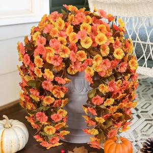 HyeFlora Artificial Fake Fall Hanging Flowers Plants for Outdoor Decor, 2PCS Faux Silk Fall Morning Glory Trailing Vines UV Resistant Look Real for Autumn Home Planter Porch Patio (Orange+Yellow)