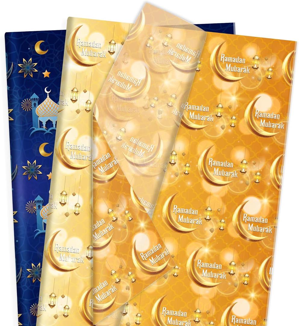 100 Sheets Eid Mubarak Tissue Paper Yellow Blue Eid Al-fitr Gold Mosque Moon Star Patterns Wrapping Tissue for Ramadan Theme Party Decoration Paper, DIY Crafts Supplies