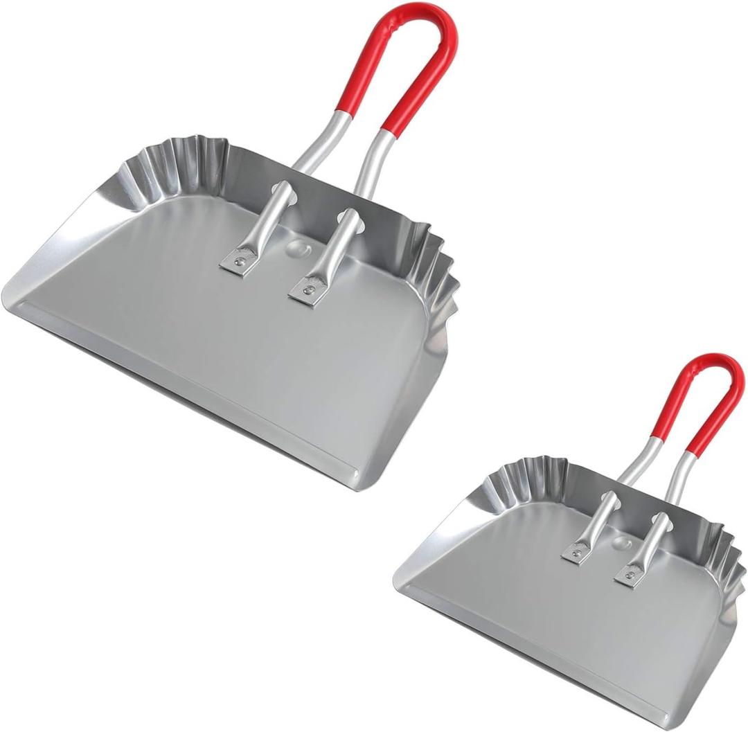 TOP DOG Metal Dustpan 17, Aluminum Dust Pans Heavy Duty Does not Chip or Bend Sheet Metal Edge Flat Against Floor for Small Item Sweeping Rubber Coated Easy to Grasp Handle (2pcs)