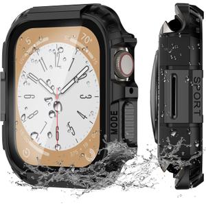 Rugged Armor Waterproof Case for Apple Watch Screen Protector 45mm Series 9 8 7 Accessories with HD Tempered Glass,Metal & PC Bumper Shockproof Protective Face Cover Compatible iWatch Men (Black/Graphite)