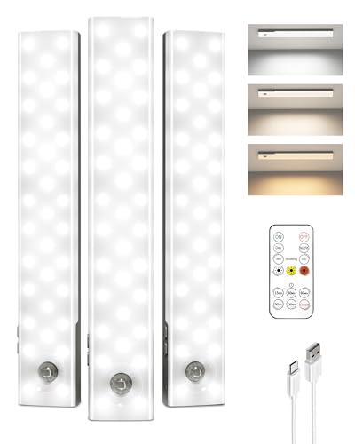 EZVALO 3-Pack Under Cabinet Lighting, 2000mAh Rechargeable Wireless Motion Sensor Lights, 62LEDs, 3 Color Temps, Dimmable, Timer, Magnetic, with Remote Control for Kitchen, Closet, Stair