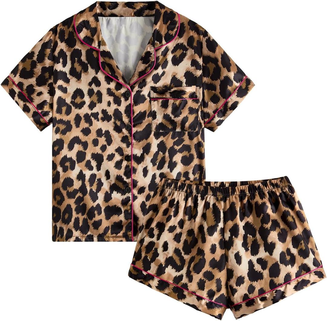 BEAUDRM Women's 2 Piece Satin Pajama Set Leopard Button Front Short Sleeve Cheetah Collar Shirt and Shorts Sleepwear Set Pjs Brown XX-Small
