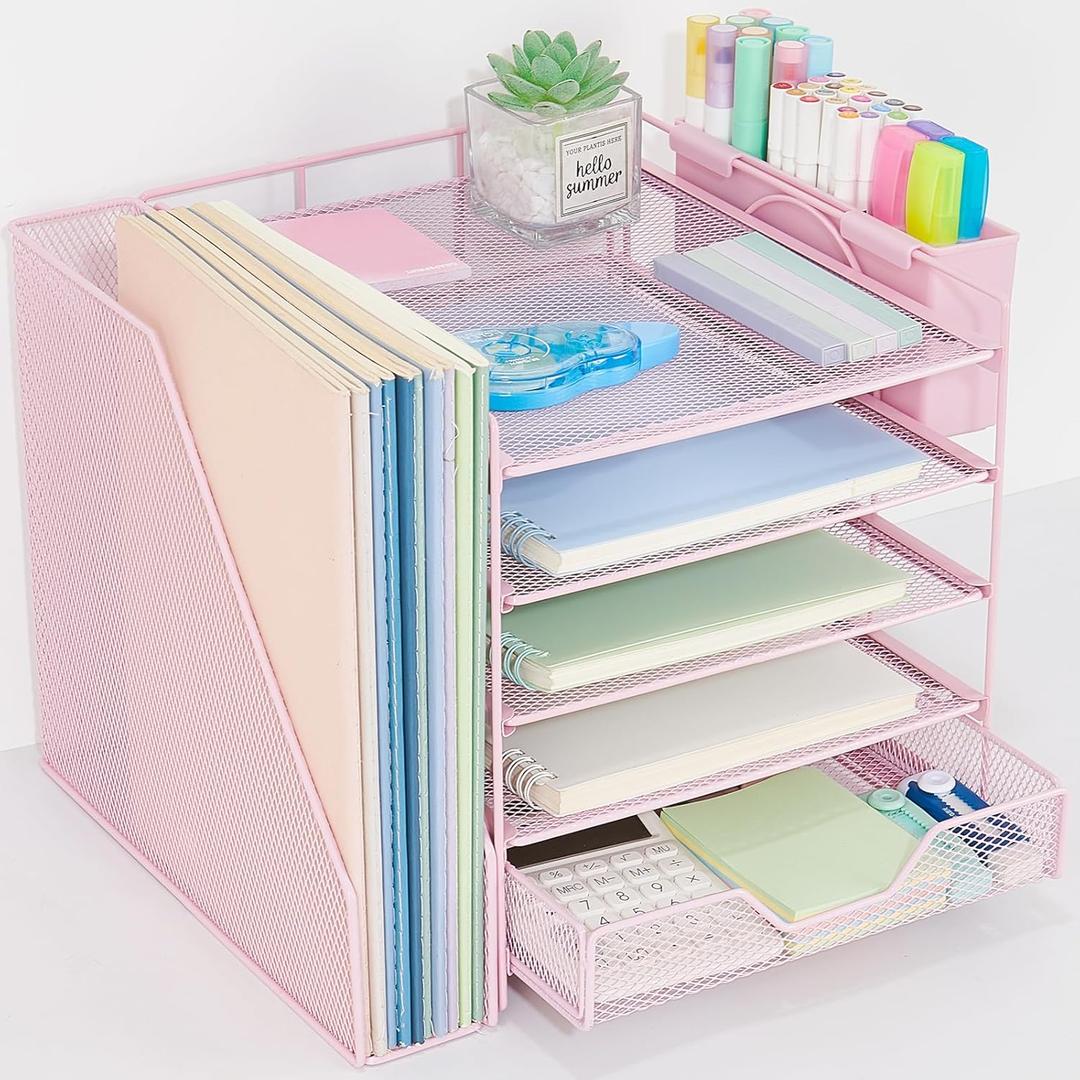 Desk Organizer, 5-Tier Paper Letter Tray Organizer with File Holder, Drawer and Pen Holder, Desktop Organizer for Office Supplies, Pink