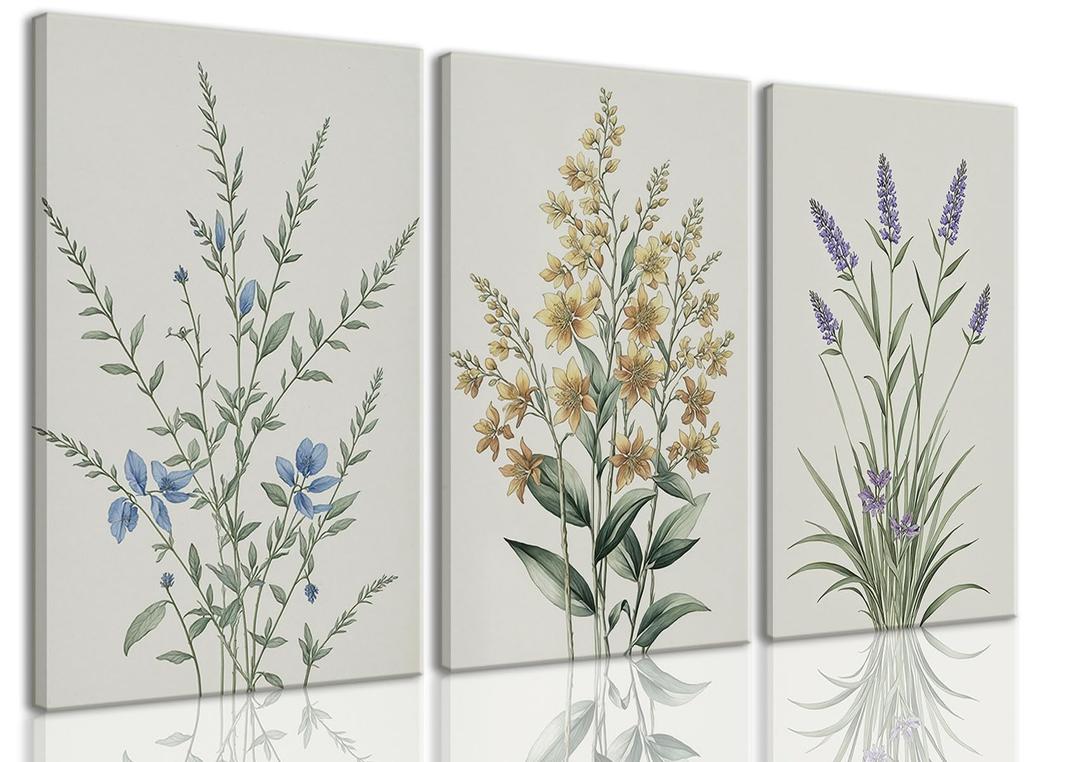 TUEASKY 3 Piece Canvas Wall Art Wildflower Wall Decor Botanical Pictures Floral Paintings Watercolor Prints Minimalist Artwork for Bedroom Bathroom Living Room