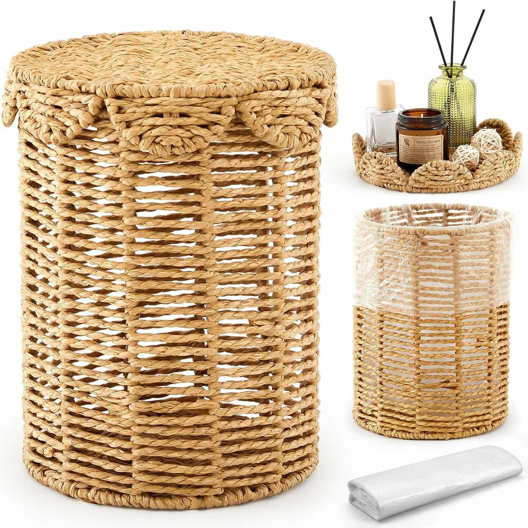 Ctosree 1.3 Gallons Small Wicker Trash Can with Lid Handle Woven Wicker Rattan Bathroom Waste Basket Boho Trash Basket with 100 Plastic Garbage Bags for Bedroom Laundry (Scalloped Style, Natural)