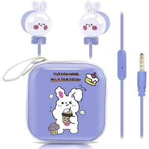 DTMNEP Cute Rabbit Kids Earbuds, Wired Earphones & In-Ear Headphones with Microphone and Storage Case - Gifts for School Girls and Boys (Blue)