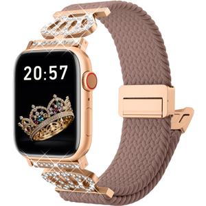 Braided Stretchy Bands with Magnetic Clasp for Apple Watch Band 40mm 38mm 41mm 42mm 44mm 45mm 46mm 49mm, Bling Crown Designer Soft Nylon Sport Solo Loop for iWatch Series 10 9 8 7 6 5 4 3 Ultra 2 1 SE (Pink)