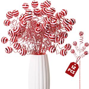 12 Pcs 16" Christmas Sequins Ball Picks Candy Christmas Tree Picks Christmas Bling Ball Ornaments Sticks for Xmas Tree Topper Home Vase Filler Craft Holiday Party Decor(Red and White)