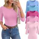 Huukeay 5 Pack Women's Elbow Sleeve Tops 3/4 Sleeve Round Neck T-Shirt Slim Fit Casual Stretchy Tunic Basic Tees Bulk (Pink, M)