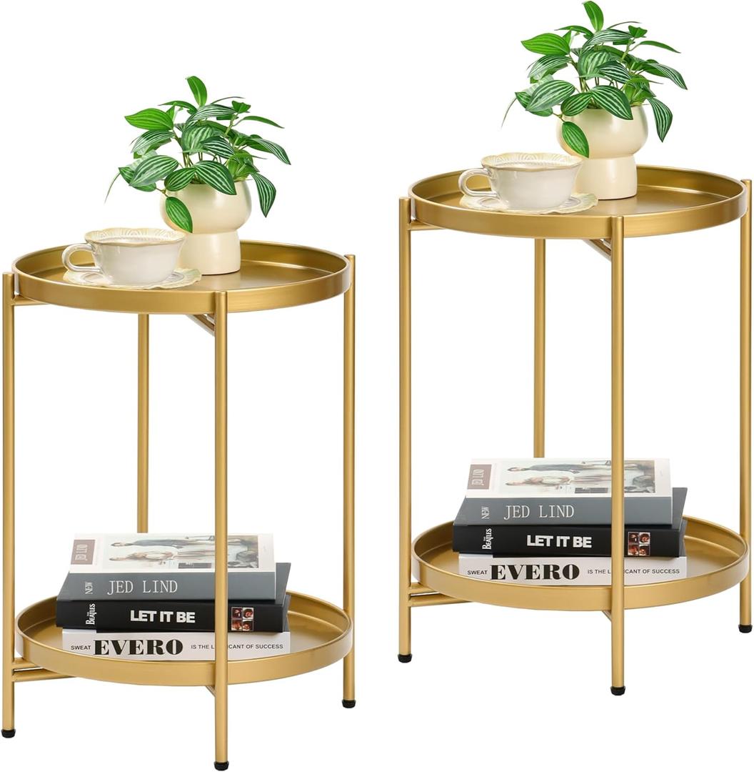 2-Tier Round End Side Table, Set of 2, Small Metal Side Table with Removable Tray, Folding Accent Tables for Living Room, Balcony, Nightstand for Bedroom, Outdoor Tables for Patio, Gold