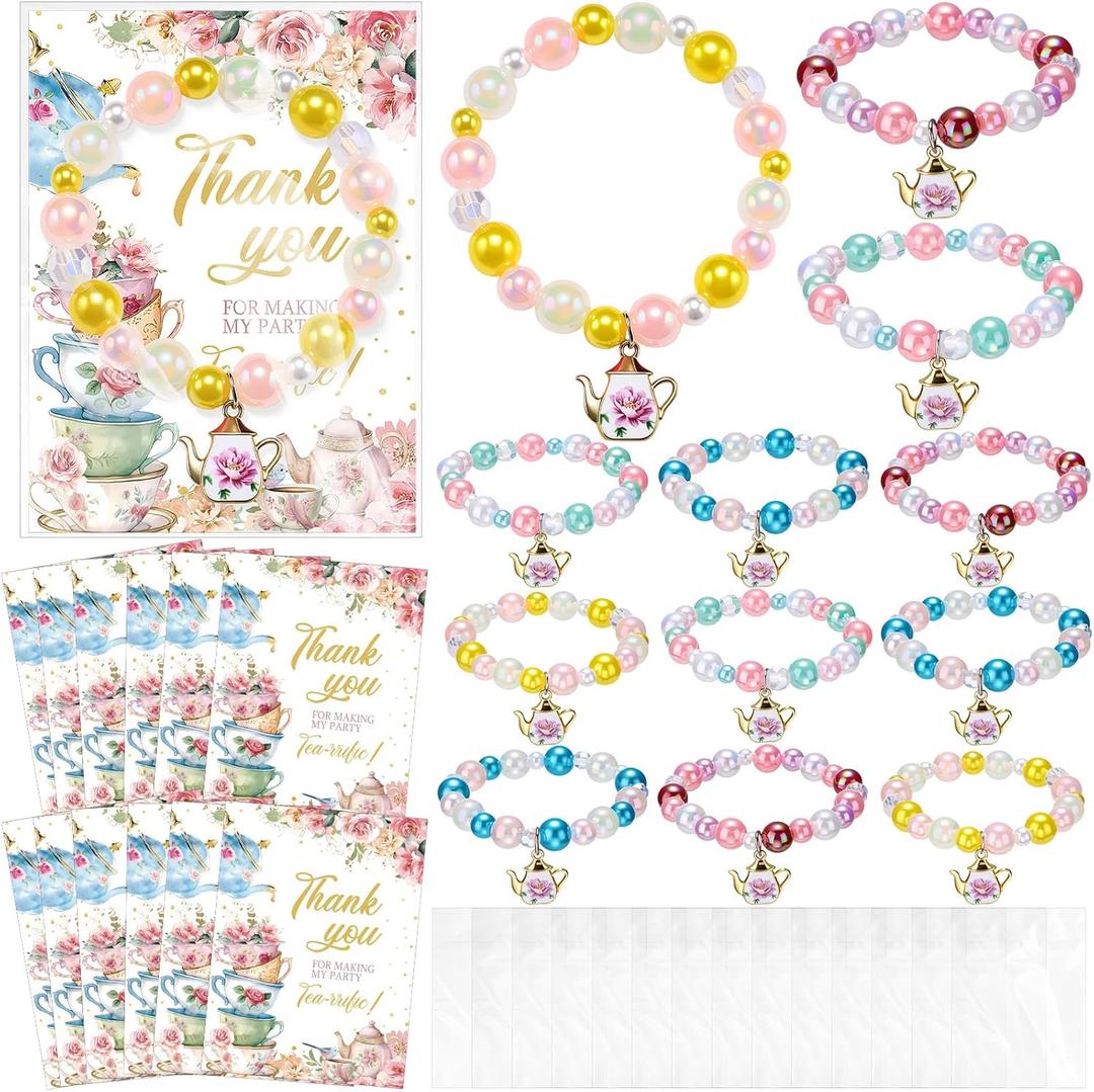 Misdary 12 Set Tea Party Favor Tea Bracelets for Girls Include Mini Flower Teapot Beaded Bracelet Thank You Cards Transparent Bags Gifts Teaparty Accessories for Kids Spring Birthday Decorations