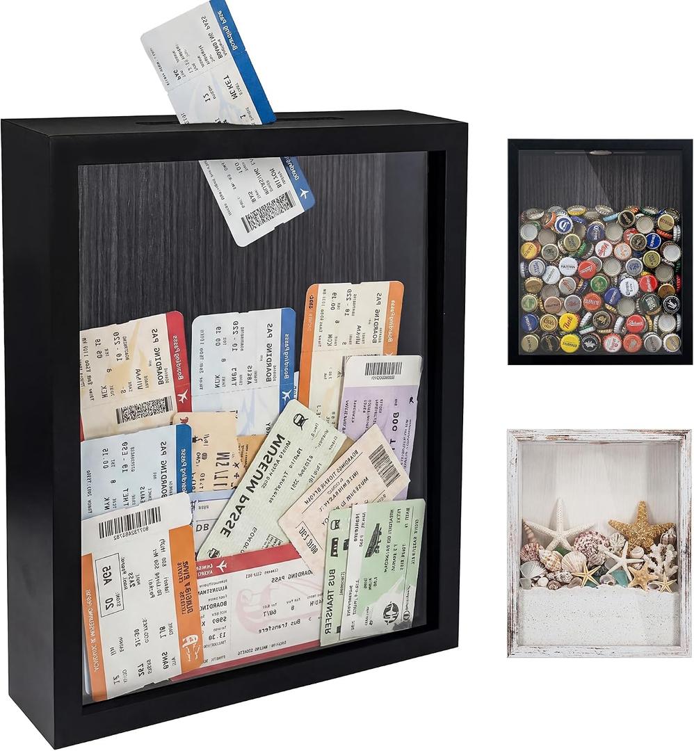 GraduationMall 8x10 Top Loading Shadow Box Frame with HD Glass,Wood Display Case with Slot,1.25 inches Interior Depth,Ideal for Wine Bottle Caps,Tickets,Shells,Stamps and More,Black