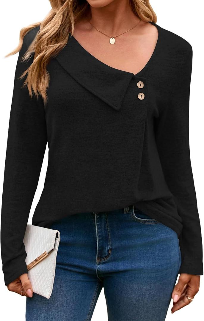 Yousify Womens Asymmetric V Neck Shirts Long Sleeve Fall Dressy Casual Button Down Tunic Tops Business Loose Fit Blouses (Black, M)