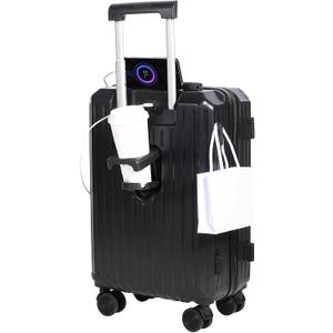 Carry-on Luggage with Cup Holder & USB Charging Port, Hard Side Luggage with Spinner Wheels, Lightweight Luggage for Travel, Business (Black, Carry-On 20-Inch)
