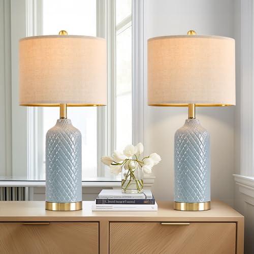 24.25" Modern Ceramic Blue Table Lamps Set of 2 for Living Room Bedroom Bedside Table Lamp for Night Stands Boho Nightstand Lamp Coastal Side End Table Lamps Reading Light Home Office Dorm Deco Gifts