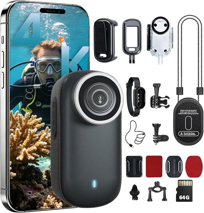 4K Mini Body Camera 64G Wearable Thumb Camera 360° Rotatable Magnetic Clip for Lecture Travel Pet Walking Outdoor Recording（Black）