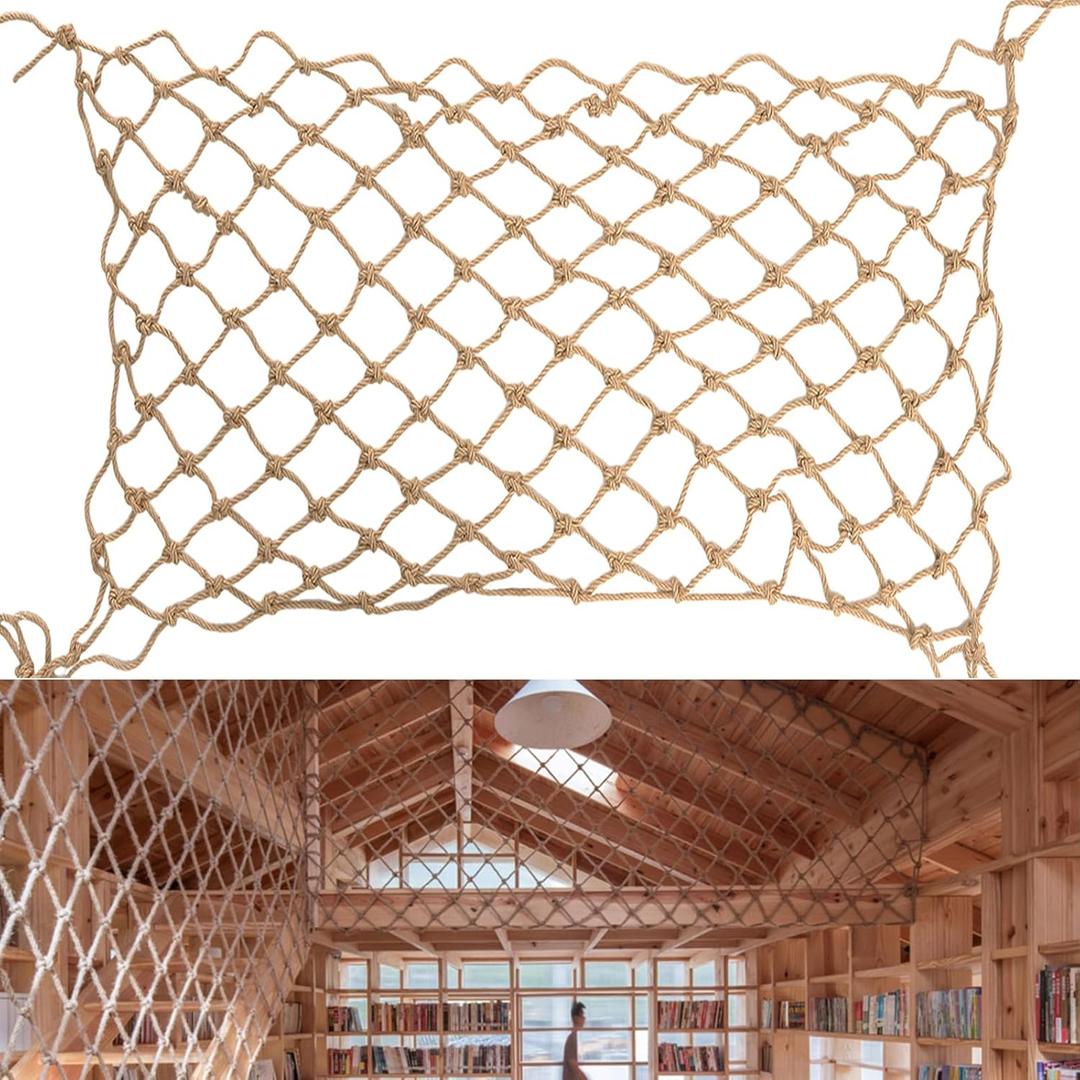 Hemp Rope Net (4ftx8ft) Heavy Duty Natural Jute Rope Net Climbing Safety Rope Netting Balcony Stairs Fence Garden Playground Protection Net Indoor & Outdoor Decor Rope Net