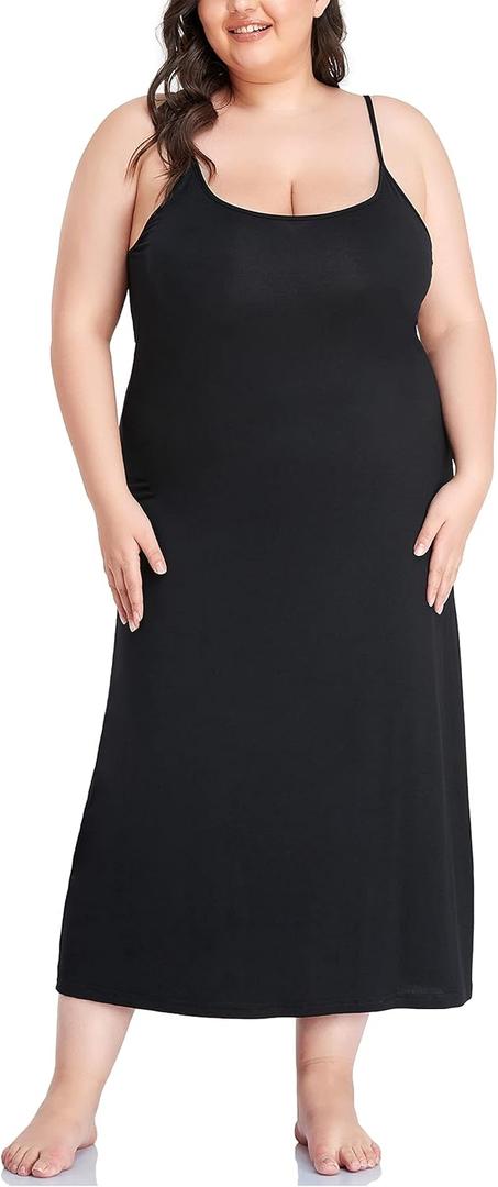 Papicutew Women's Full Slip for Under Dresses Plus Size Long Nightgown Cami Dress (24 Plus, Black)