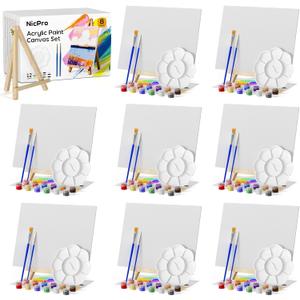 Nicpro 8 Pack 810 Inch Canvas Boards Kits for Painting, Art Canvas Set with 16 Brushes, 8 Paint Trays, 8  12 Acrylic Paint, Mini Drawing Easel Set, Sip and Paint Kit for Adults Party