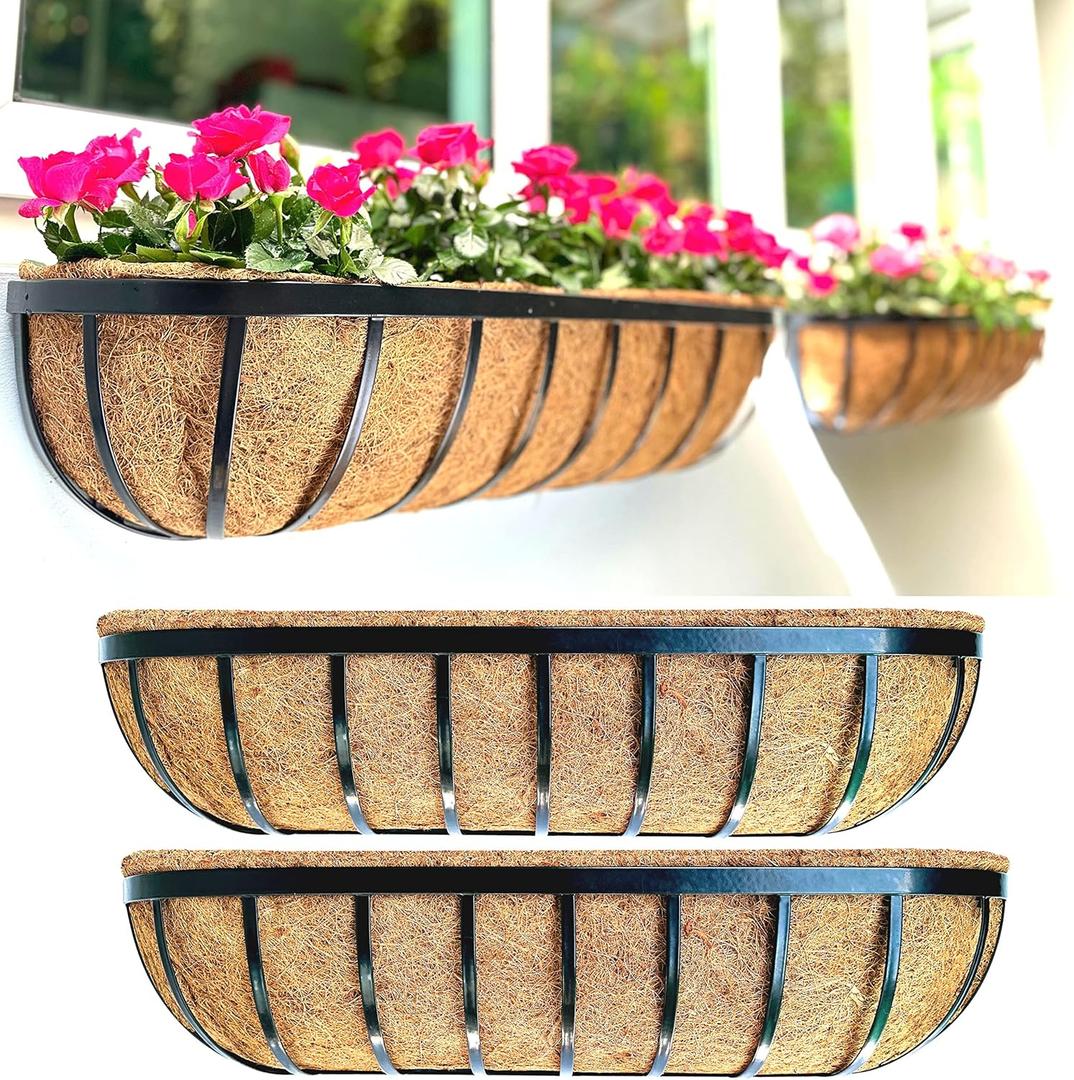 LaLaGreen Outdoor Wall Planter - 30 Inch, 2 Pack Black Metal Window Boxes Planters Attach to House, Large Flower Basket Deck Railings Hanging with Coco Liner Horse Troughs Fence Balcony Patio Porch