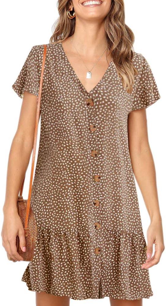 Imysty Womens Polka Dot V Neck Button Down Ruffles Loose Mini Short T-Shirt Dress (Brown, XL)