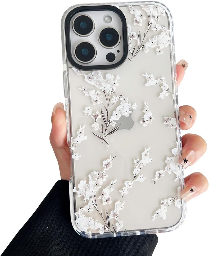 Compatible with iPhone 16 Pro Case, Simple Cute Flower Pattern Fashion Aesthetic Design for Women, Soft TPU Protective Shockproof Clear Phone Case for iPhone 16 Pro 6.3 inch, White