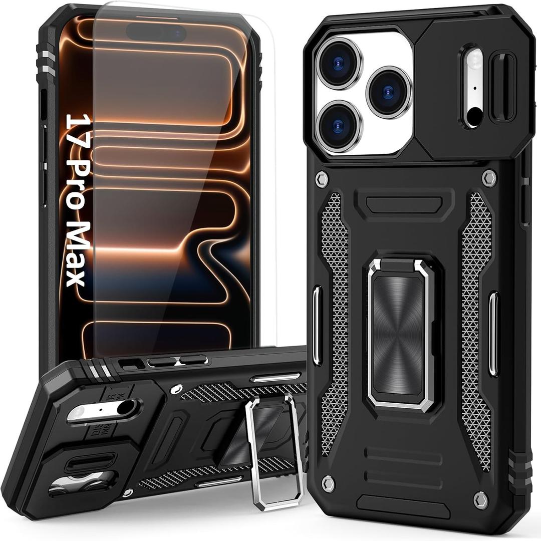 Case Compatible with i Phone 17 Pro Max Phone Case with Camera Cover & HD Screen Protector & with Stand, Dual-Layer Shockproof Military-Grade Drop Protection, for iPhone 17 Pro Max (Black)