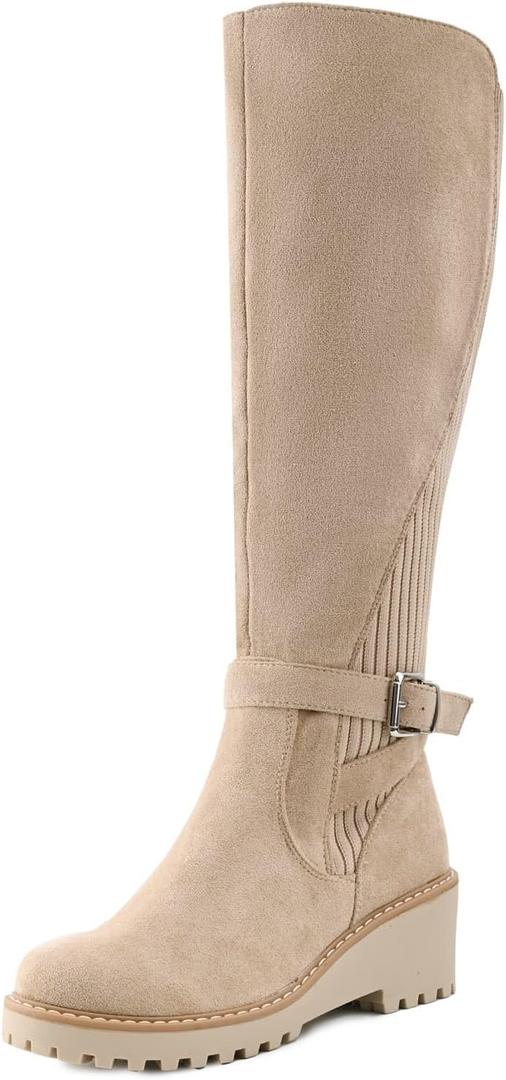 Women's Knee High Boots Tall Fall Wedges Round Toe Comfortable Size Zip with Fashion Buckles Platform Shoes for Women (8, Khaki)
