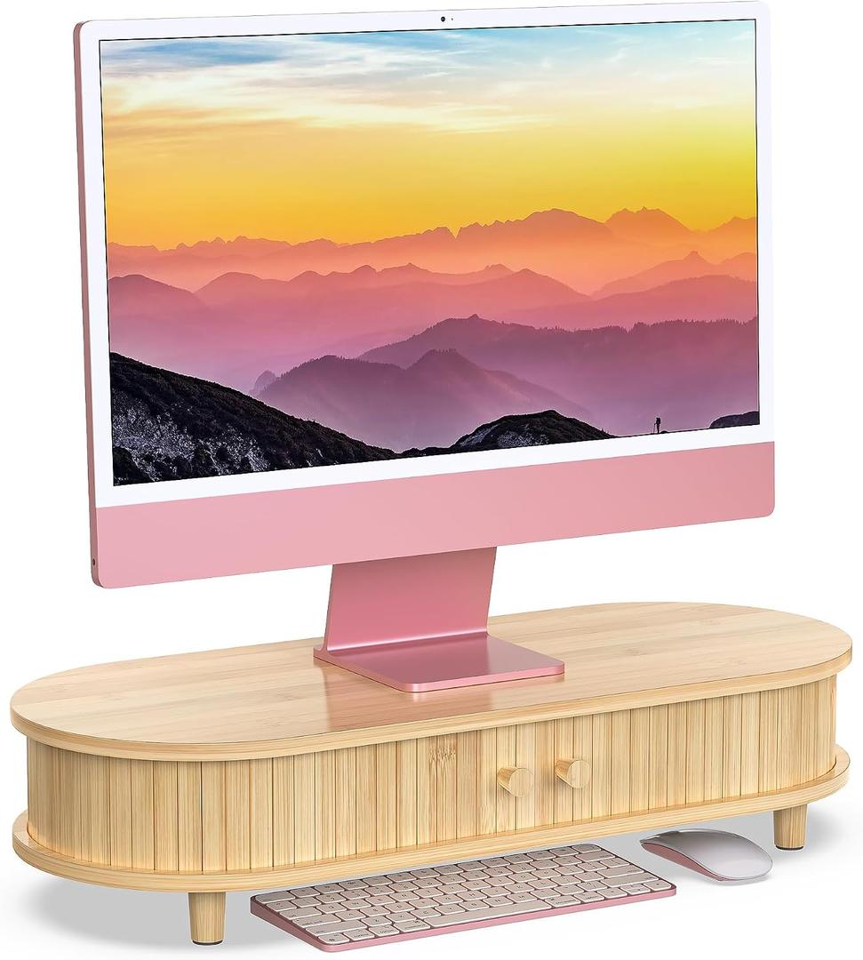 Bamboo Monitor Stand with Storage, Curved Computer Laptop Stand Desk Shelf Organizer with Sliding Doors (25 inch)