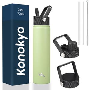 Insulated Water Bottle 24oz Stainless Steel Sport Bottles with 3 Lids,Macaron Green