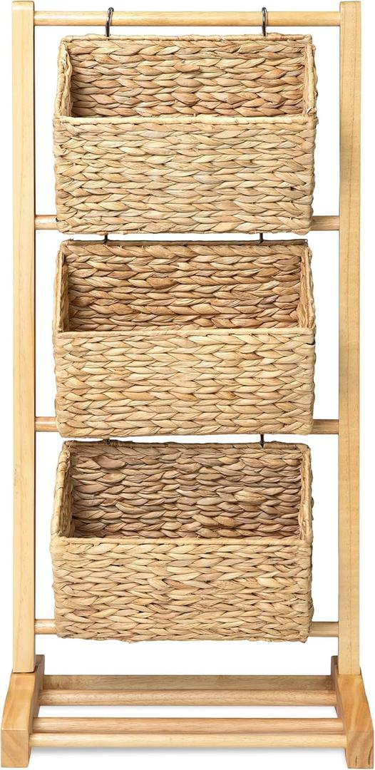 HOMESTEAD 3-Tier Wooden Shelf with Water Hyacinth Woven Baskets – Rattan Shelf Basket, Boho Room Decor, Wooden Book Shelf, Bathroom Storage Shelves, Kitchen, Laundry, Living Room (Natural)