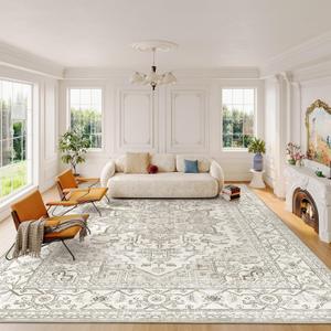 befbee 8x10 Area Rugs for Living Room, Stain Resistant Neutral Washable Rugs for Dining Room, Vintage Non-Slip Thin Large Size Beige Area Rug, Printed Vintage Home Decor Rug, Beige