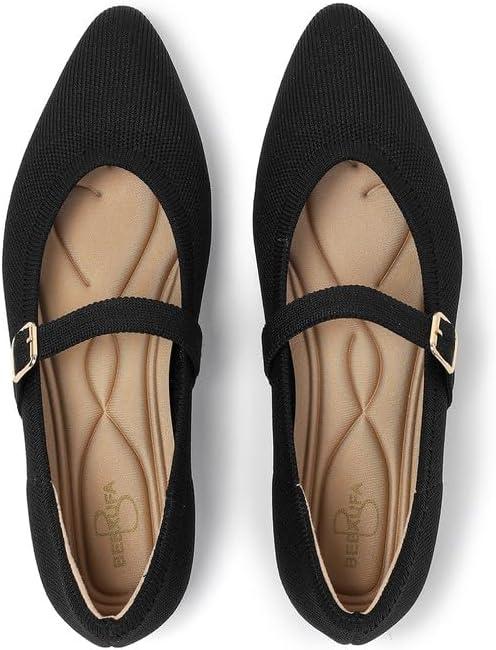 Women's Pointed Toe Knit Mary Jane Ballet Flats for Office Casual Wear Stretchy Dressy Slip-On Shoes with Arch Support (9, Black)