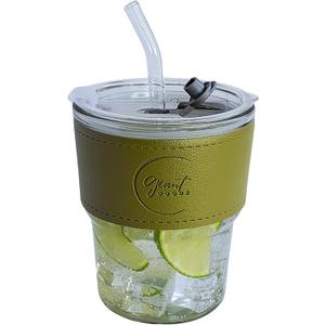 2 x 13oz Avocado Green Iced Coffee Cup with Plastic Lid, Vegan Leather Sleeve, Glass Tumbler with Straw and Lid, Matcha Cup, Hot and Cold Drink, Espresso Mug, (1 Count)