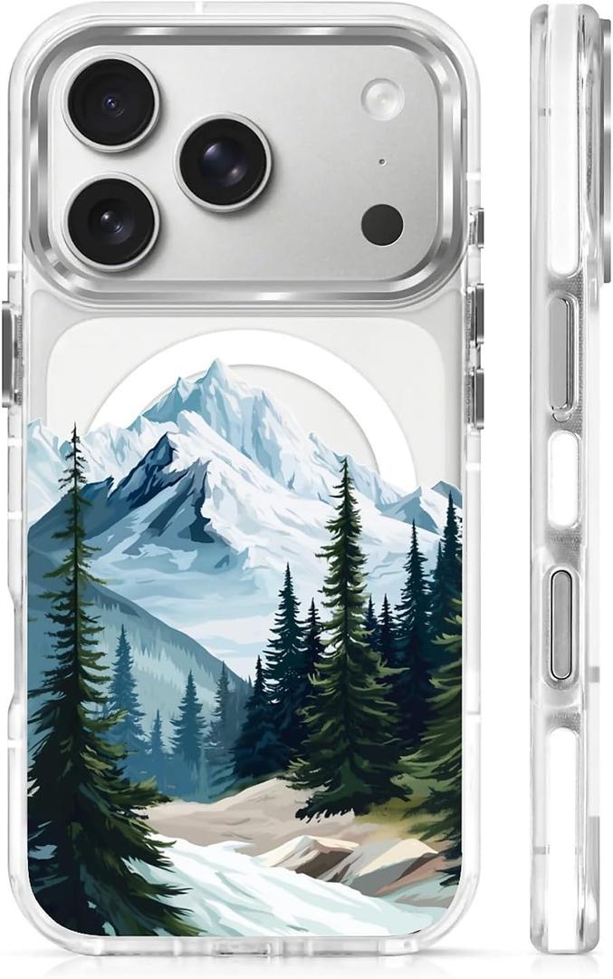 Magnetic Case for iPhone 17 Pro Design On Clear Base, Compatible with MagSafe, Slim Protective Soft TPU Bumper Phone Cover Women Girls Case-Mountains Tree Outdoor